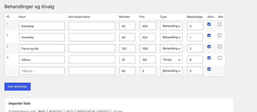 Ydelser og tilvalg oprettes under Booking → Ydelser.