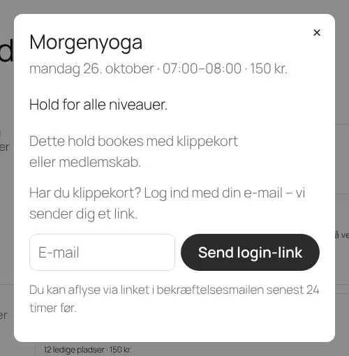 Når kunden klikker Book, åbner et lille vindue. Bruger holdet klippekort, logger kunden ind med sin e-mail.